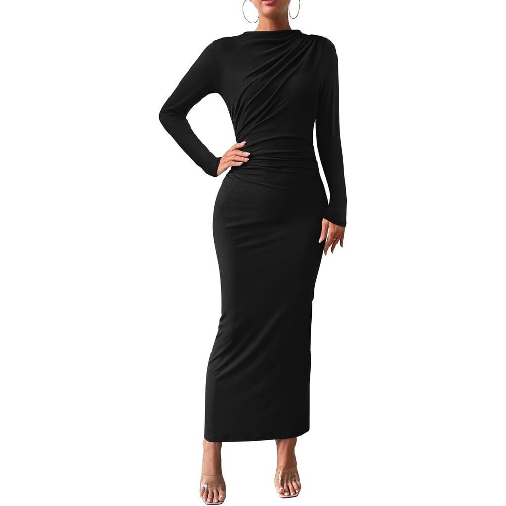 Women Bodycon Maxi Dress Long Sleeve Ruched Back Slit Elegant Party